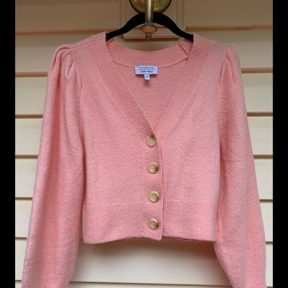 Atelier & Other Stories pink/light coral fluffy V neck sweater, front buttons, S - Picture 1 of 12
